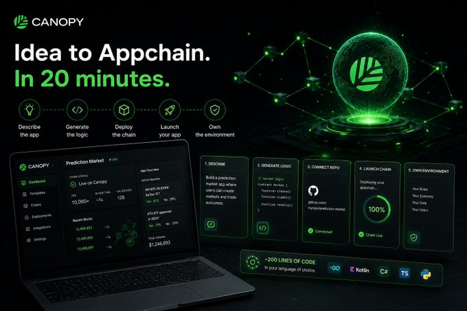 Canopy promotional graphic titled 'Idea to Appchain. In 20 minutes.' showing a dashboard interface with steps: Describe the app, Generate the logic, Deploy the chain, Launch your app, Own the environment.