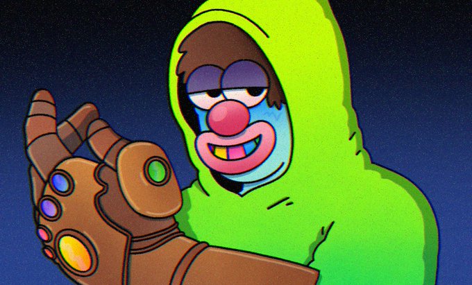 An animated cartoon character resembling Mr. Krabs dressed in a green hooded robe/cloak and wearing the Infinity Gauntlet with colored gems, giving a gesture against a dark blue background.