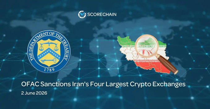 A graphic titled 'OFAC Sanctions Iran's Four Largest Crypto Exchanges' dated 2 June 2026, featuring the U.S. Department of the Treasury seal alongside a map of Iran with the Iranian flag.
