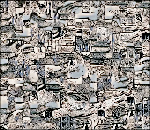 An abstract black and white artwork composed of intricate, dense line work creating a chaotic, fragmented pattern resembling shattered or distorted imagery.