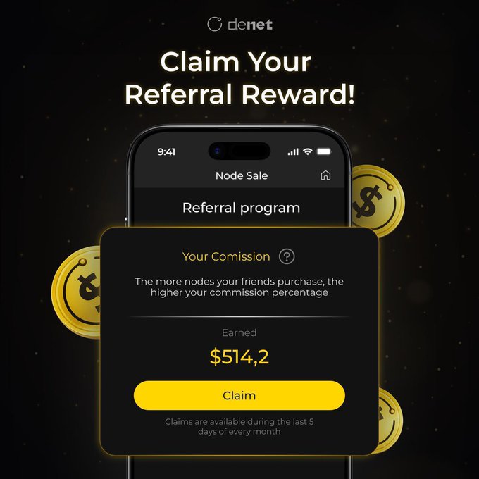 A dark promotional graphic from Clenet invites users to "Claim Your Referral Reward!" featuring a phone mockup of the Node Sale Referral program screen showing $514.2 in earned commission and a yellow "Claim" button, surrounded by floating gold coins. The image visually reinforces the post's announcement about Datakeeper referral rewards being available to claim until July 1.