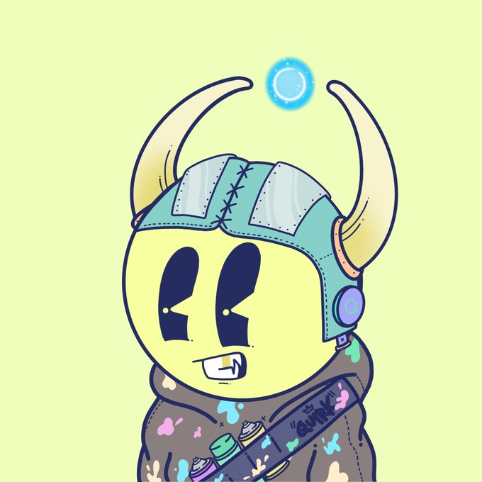 A cartoon illustration depicts a green character wearing a horned helmet with a glowing blue orb floating between its horns.