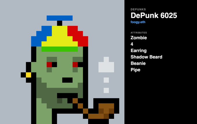 A CryptoPunk NFT profile for 'DePunk 6025' (foogy.eth), featuring a pixelated zombie character with attributes including a beanie, shadow beard, earring, and pipe.