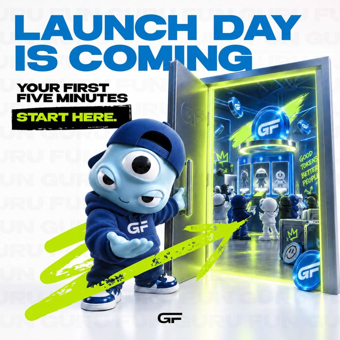 Promotional graphic with text 'LAUNCH DAY IS COMING', 'YOUR FIRST FIVE MINUTES', and 'START HERE.' featuring a blue cartoon mascot in a hoodie next to a glowing doorway with 'GF' tokens inside.