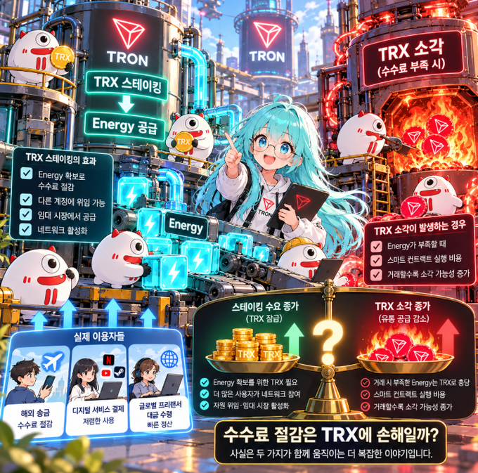 An anime-style infographic explains TRON (TRX) staking benefits, showing a teal-haired character explaining how staking revenue increases while TRX supply decreases, illustrated with cute TRX mascot characters.