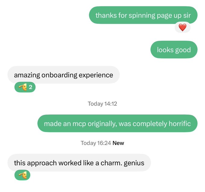 A chat screenshot showing positive feedback about a web onboarding experience, with messages reading "thanks for spinning page up sir" (heart emoji), "looks good," "amazing onboarding experience" (2 pointing emojis), and "made an mcp originally, was completely horrific," followed by "this approach worked like a charm. genius" (pointing emoji). The conversation, dated "Today 14:12" and "Today 16:24 New," highlights how switching from an MCP approach resulted in a successful, well-received user experience on what appears to be the link.fun platform.