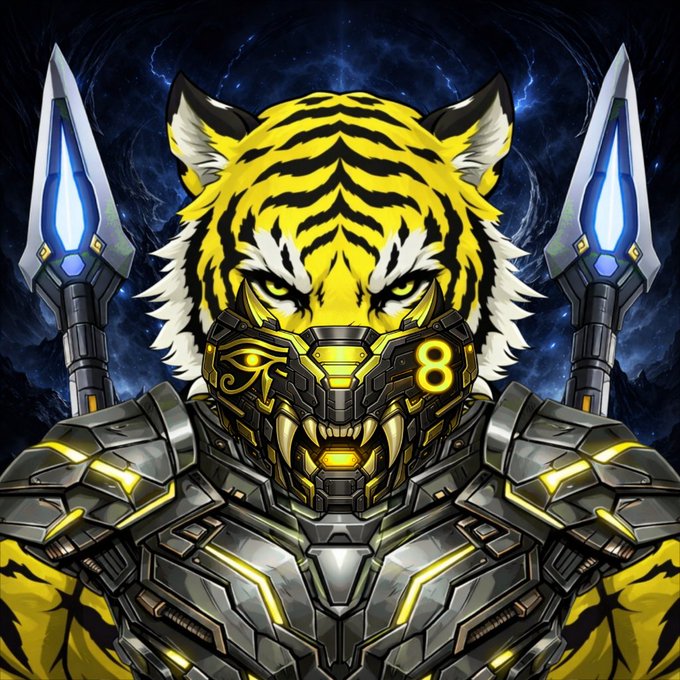Digital artwork of a cybernetic tiger wearing futuristic metallic armor with the number "8" on the jaw, set against a dark cosmic background with glowing blue spears.