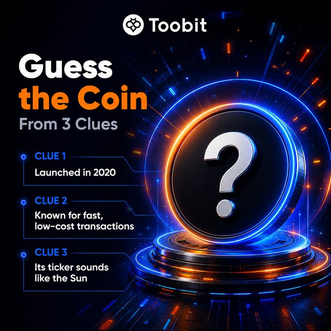 A Toobit "Guess the Coin" puzzle graphic featuring a glowing black coin with a question mark, presenting three clues: launched in 2020, known for fast low-cost transactions, and its ticker sounds like the Sun—inviting crypto enthusiasts to identify the coin.