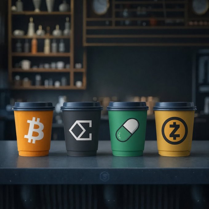 Four coffee cups branded with cryptocurrency logos—Bitcoin (₿), Ethereum (Σ), a pill icon, and Zcash (Ⓩ)—sit on a counter in a dimly lit café, visually representing top crypto assets in a market rebound discussion. The imagery ties to the post's theme of crypto recovery, with the Zcash cup directly referencing $ZEC (Zcash) among the top weekly gainers like ENA and others.
