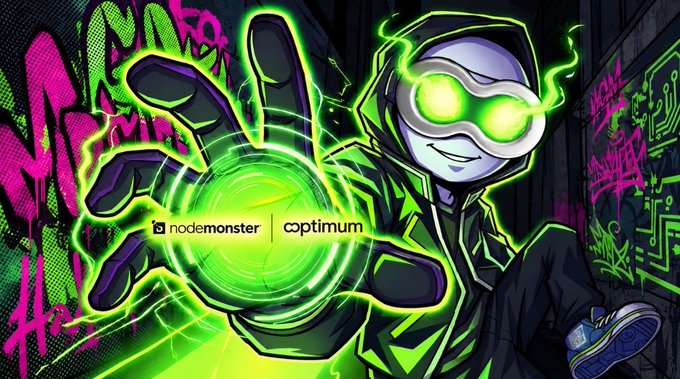 A stylized digital illustration features a hooded character with glowing green goggles holding a green energy orb, with logos for 'nodemonster' and 'coptimum' displayed in the center.