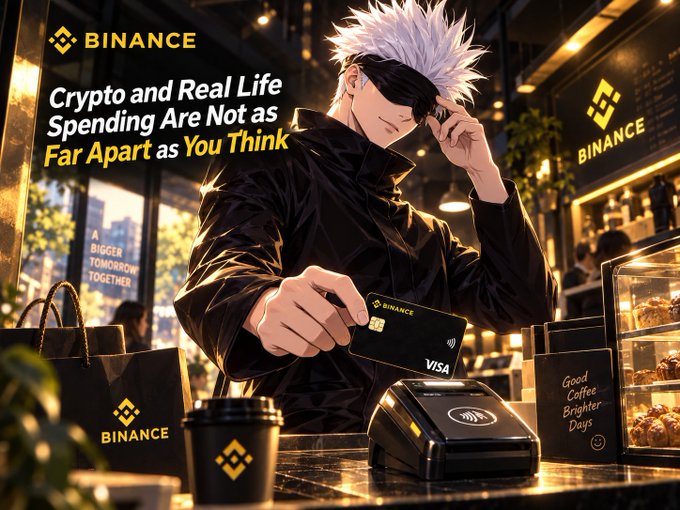 An anime-style Binance advertisement reads 'Crypto and Real Life Spending Are Not as Far Apart as You Think,' showing a character using a Binance Visa card at a coffee shop.