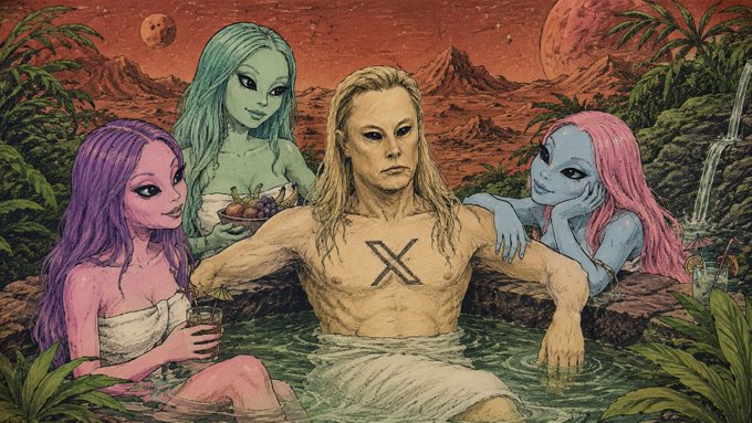 An illustrated scene of a long-haired man with an 'X' on his chest relaxing in a pool with three colorful alien women on a red planet.