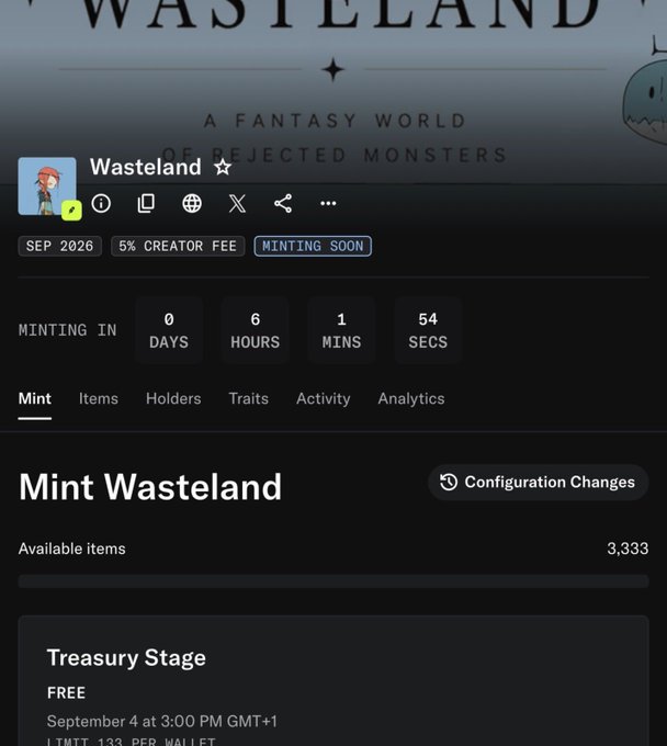 A Wasteland NFT minting page showing 3,333 available items, a 5% creator fee, and a countdown timer indicating minting begins soon.
