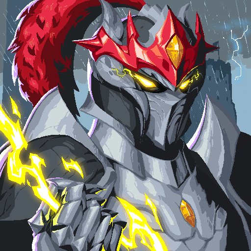 Digital artwork depicting a knight or armored warrior with a gray helmet featuring glowing yellow eyes, a red crown-like crest, red plume, and yellow lightning crackling around the armor.