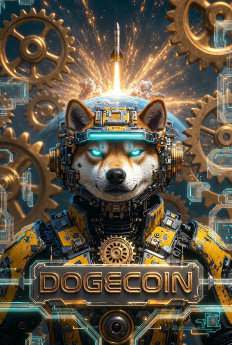 A digital illustration of a robotic dog wearing mechanical armor with glowing blue eyes, set against a backdrop of gears and a rocket launch, with 'DOGECOIN' written across the bottom.
