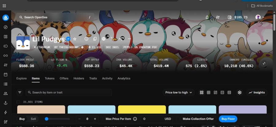 The image shows the Lil Pudgys NFT collection page on OpenSea, displaying a floor price of $588.36 and a top offer of $558.23 with 21,931 items and 10,210 unique owners. The post's $600 budget aligns closely with the collection's current floor price, making it a viable option for purchasing a Lil Pudgy.