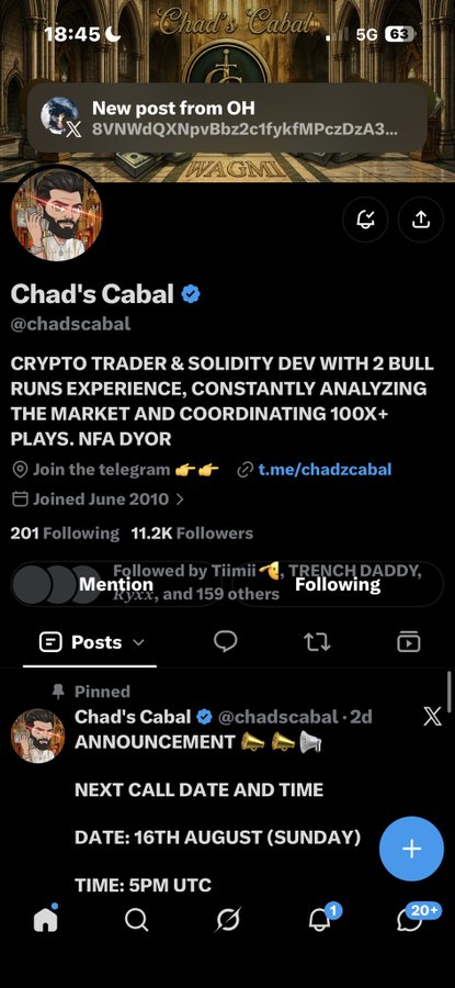 A screenshot of an X (Twitter) profile for '@chadscabal' describing a crypto trader, with a pinned post announcing a call on '16TH AUGUST (SUNDAY) AT 5PM UTC'.