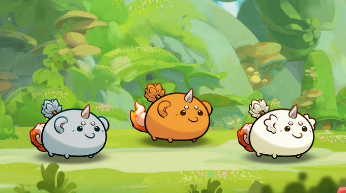 Three cute, round, cartoon-style creatures with small horns and flower accessories stand in a lush green forest setting. The characters come in blue, orange, and white color variants.
