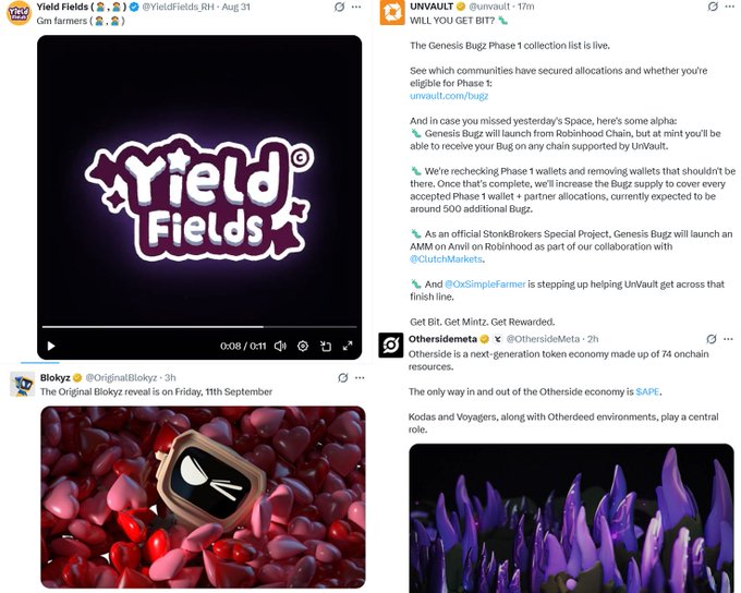 Collage of social media posts from crypto/web3 accounts including Yield Fields, Unvault, Blokyz, and OthersideMeta, discussing NFTs, tokens, and a 'Genesis Bugz' collection.