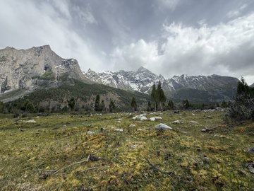 The image features a beautiful mountain range with snow-capped peaks under a cloudy sky. The mountains are surrounded by lush green trees, creating a serene and picturesque landscape. In the foreground of the photo, there's a grassy field that extends towards the mountainside. A person is standing in this field, possibly enjoying the view or taking a break from their activities.