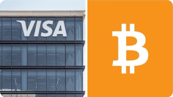 The image features a square, white logo that says "Visa" at the top left side of the frame, followed by an orange symbol that resembles a Bitcoin or Bitcoin hash at the bottom right corner. The text below the logos states "$15 TRILLION PAYMENTS GIANT VISA ANNOUNCED THEY’RE HIRING more Bitcoin & CRYPTO ENGINEERS LEST GO". The overall layout of the image places emphasis on the Visa logo and its association with Bitcoins or Bitcoin-related activities.