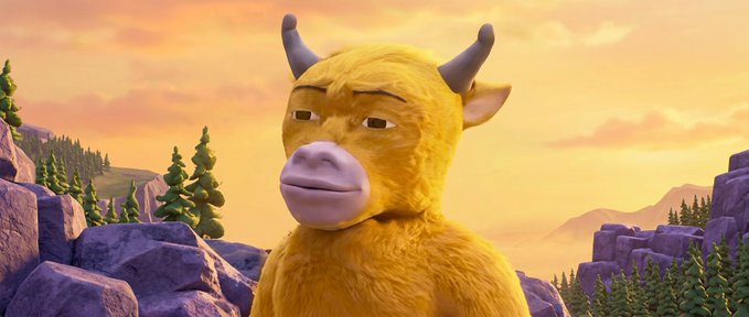 A 3D-rendered cartoon yellow bull character standing in a mountainous landscape with pine trees under a warm, orange-tinted sky.