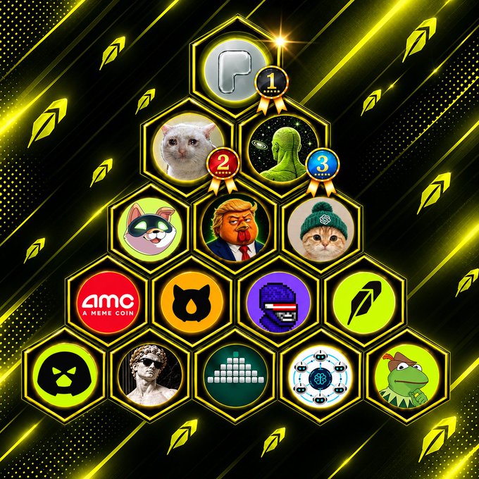 A pyramid of hexagonal icons displays the top-mentioned meme coins on RobinhoodChain, with $PONS (1), $CASHCAT (2), and $WHATIF (3) ranked at the top as gold, silver, and bronze medalists. Below them are icons representing $AMEMECOIN ($AMC), $CHUMP, $CATGPT, $MEME, $AI, $MOO, $GASOLINU, and $HOOKR, all set against a dark background with glowing yellow accents and feather motifs.