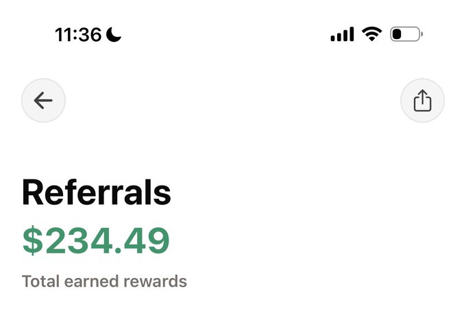A mobile screenshot displays a 'Referrals' page showing '$234.49' as the 'Total earned rewards' in green text.