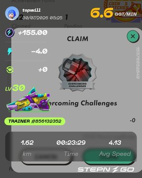 A STEPN app screenshot showing "CLAIM" of +155 GST for the "Overcoming Challenges" daily task, with trainer #856432352 having walked 1.62 km in 00:23:29 at an average speed of 4.13 avg/min, earning a level 30 reward—visually supporting the post's mention of grinding tickets and counting down two days until a break.