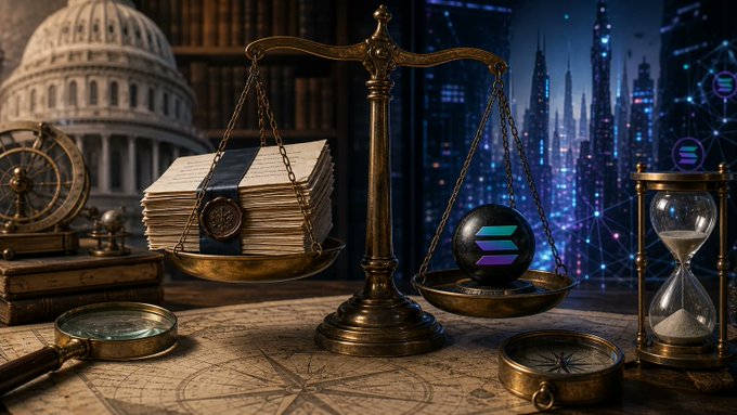 A symbolic digital artwork features a balance scale weighing a stack of documents against a Solana logo sphere, set against a backdrop blending a government building and a futuristic city.
