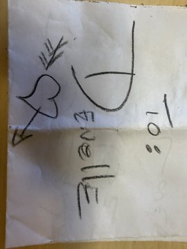A handwritten note on crumpled paper with arrows, scribbles, and the numbers '10' and the word 'TEN' written in large letters.