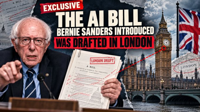 The image is a sensationalized graphic claiming that Bernie Sanders' AI Bill "was drafted in London," featuring a "London Draft" document, the U.S. Capitol, and Big Ben alongside a Union Jack. It relates to the post's "do your own research" phrase by exemplifying the kind of misleading political imagery often shared on social media—visually suggesting a conspiracy without credible sourcing.