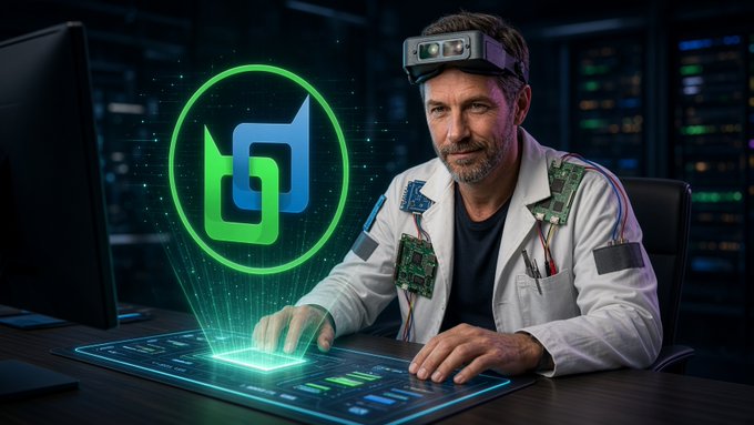 A man in a lab coat wearing a head-mounted display works at a futuristic holographic computer interface with a glowing green logo floating above the desk.