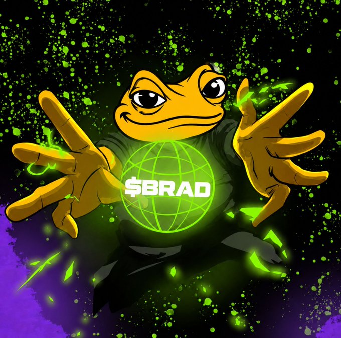 A cartoon frog wearing a dark robe conjures a glowing green globe displaying "$BRAD" in its center, with green energy sparks and splatter filling the dark background. The image visually matches the post's "YellowStorm" theme by depicting the $BRAD token as a magical, attention-grabbing force, reinforced by the #Brad and #Cz tags suggesting the meme coin's hype and momentum.