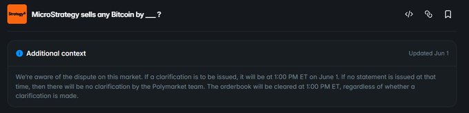 The image shows a screenshot of a social media post by the MicroStrategy team. The post contains text that discusses the status of the MicroStrategy market Orderbook. It seems to indicate that the order book has been cleared, which may have been resolved before 1:00 PMET. A conversation or discussion is taking place about this issue in the marketplace, as the traders are discussing with Polymarket teams whether they will resolve it. The post also mentions a follow-up email to inform the trading community about the status of the market Orderbook.