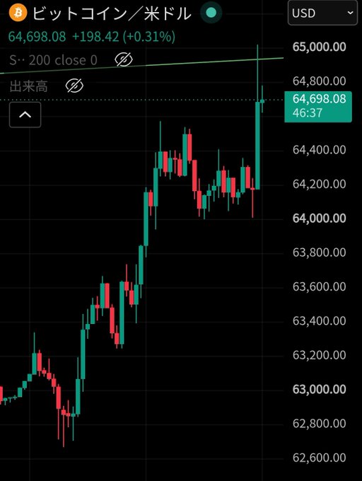 A candlestick chart of Bitcoin/USD (ビットコイン/米ドル) shows the price at $64,698.08, up +$198.42 (+0.31%), with the latest spike reaching toward the $65,000 mark—aligning with the post's excitement about Bitcoin touching $65,000 and a potential bottom confirmation.
