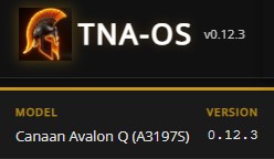 A software interface showing 'TNA-OS v0.12.3' with a model listed as 'Canaan Avalon Q (A3197S)' version '0.12.3' next to a small Spartan helmet logo.