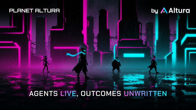 A promotional banner for "PLANET ALTURA by Altura" features silhouetted characters in a neon-lit cyberpunk cityscape with pink and teal lighting, with the tagline "AGENTS LIVE, OUTCOMES UNWRITTEN."