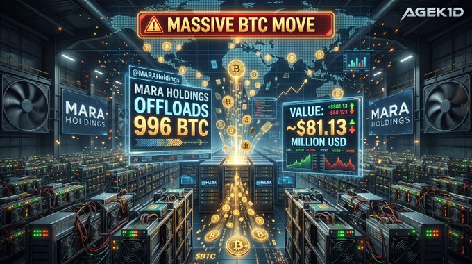 A dramatic digital graphic titled 'MASSIVE BTC MOVE' shows a cryptocurrency mining facility, with text 'MARA HOLDINGS OFFLOADS 996 BTC,' 'VALUE: ~$81.13 MILLION USD,' and 'AGEKID' watermark.
