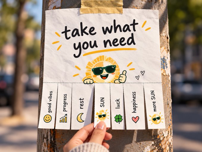A cheerful "take what you need" paper sign is taped to a pole, featuring a sunglass-clad cartoon sun and tear-off tabs labeled with uplifting options like "good vibes," "progress," "rest," "sun," "luck," "happiness," and "more sun" — a perfect pick-me-up to kick off the Friday essentials.