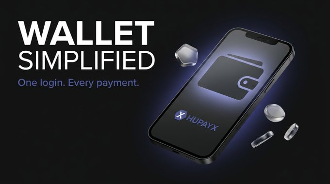 The image features a sleek smartphone displaying the "HUPAYX" wallet app alongside floating crypto coins, paired with the bold headline "WALLET SIMPLIFIED – One login. Every payment." It visually reinforces the post's message that Shuffle makes Web3.0 wallet access effortless, replacing seed phrases with a simple login to enable seamless crypto sending, receiving, and payments.