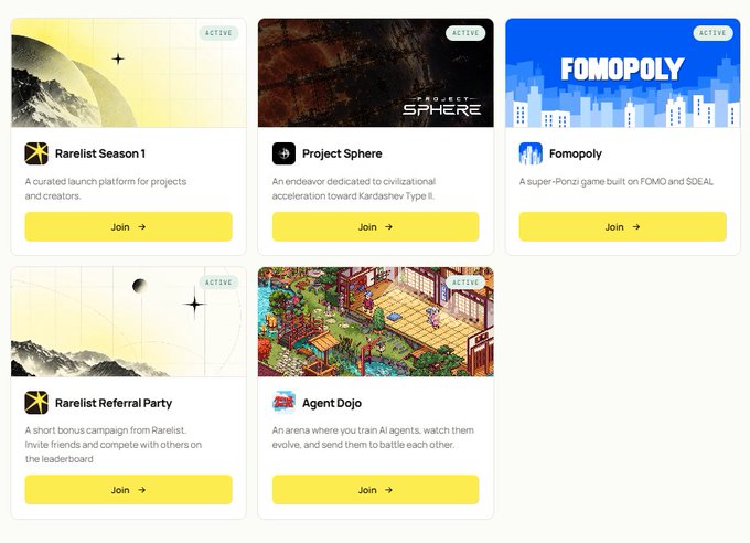 A grid of active project cards includes “Rarelist Season 1,” “Project Sphere,” “Fomopoly,” “Rarelist Referral Party,” and “Agent Dojo,” each with a yellow “Join” button.