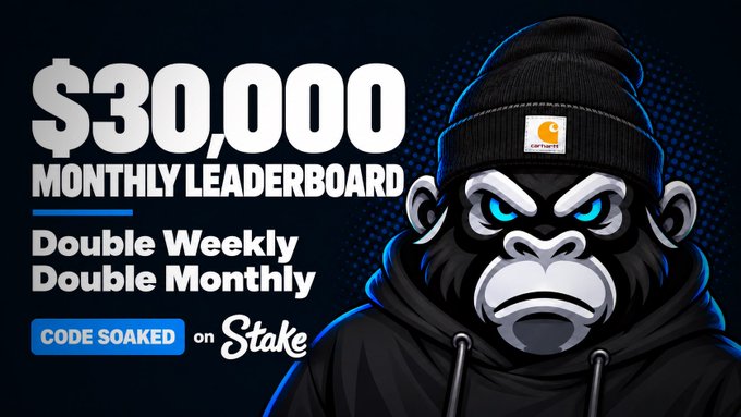 Promotional graphic featuring a gorilla mascot in a black beanie advertising a $30,000 Monthly Leaderboard with "Double Weekly" and "Double Monthly" bonuses, alongside a "CODE SOAKED" button on Stake.com, complementing the post about a $250 giveaway and new leaderboard partnership.