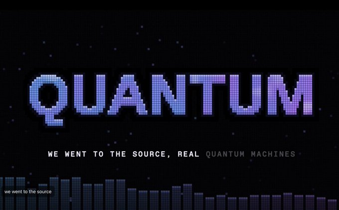 A title graphic with the word "QUANTUM" rendered in a purple pixelated digital font against a dark starry background, accompanied by the tagline "WE WENT TO THE SOURCE, REAL QUANTUM MACHINES." The bold, tech-inspired design visually anchors the post's discussion of quantum computing research and its deeper relevance to the P versus NP problem and QuipNetwork's proof of useful work.