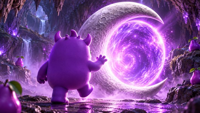 Digital artwork showing a small purple horned creature standing before a glowing purple portal shaped like a crescent moon in a mystical cave setting.
