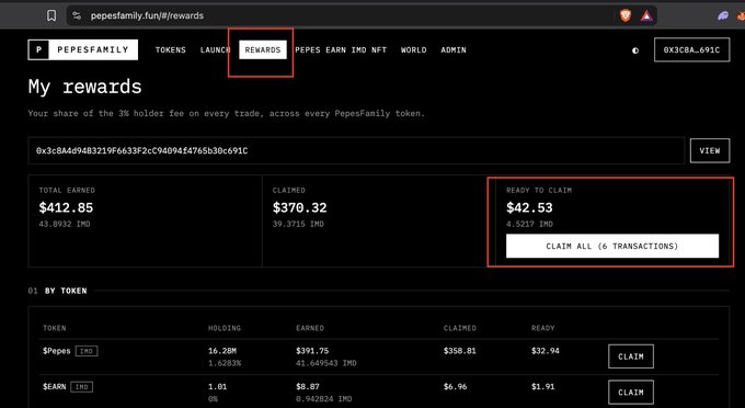 A screenshot of the PepesFamily.fun rewards dashboard, highlighting the 'REWARDS' tab and showing $42.53 ready to claim (6 transactions) from a total earned of $412.85.