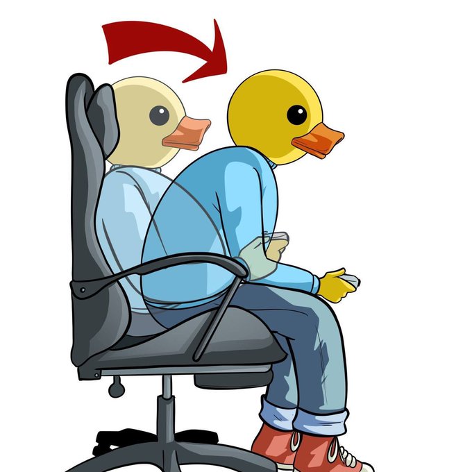 Cartoon illustration showing a person sitting in an office chair with a duck head, indicated by a red arrow pointing to the transformation.