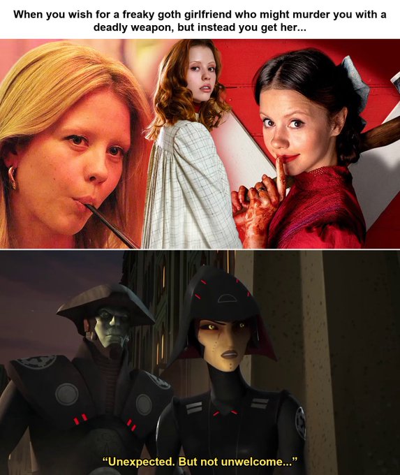 A meme comparing images of actresses Amy Poehler, Emily Browning, and Millie Bobby Brown in the top half to two animated Imperial officers in the bottom half, with text reading 'When you wish for a freaky goth girlfriend who might murder you with a deadly weapon, but instead you get her...' and 'Unexpected... But not unwelcome...'