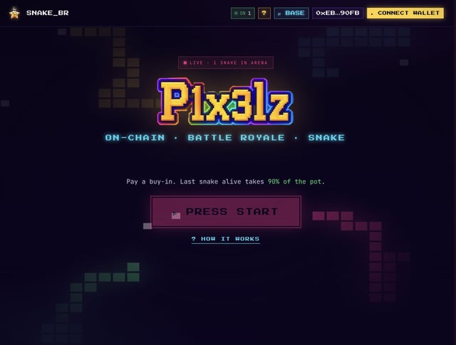 Pixelz on-chain battle royale snake game landing page by SNAKE_BR on Base, advertising a live arena where the last snake alive takes 90% of the pot.