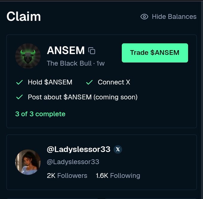 Cryptocurrency 'Claim' page for $ANSEM (The Black Bull), showing 3 of 3 tasks complete, with a Trade button and X profile of @Ladyslessor33.